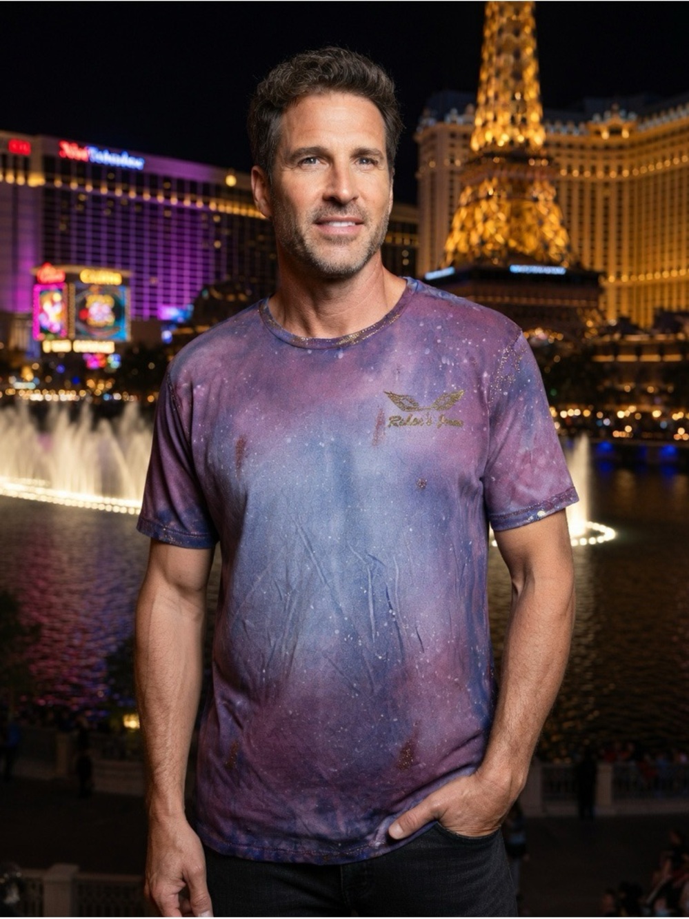 Robin's Jean Washed Purple Blue Flashy T-shirt Gold Accents Distressed Clubbing